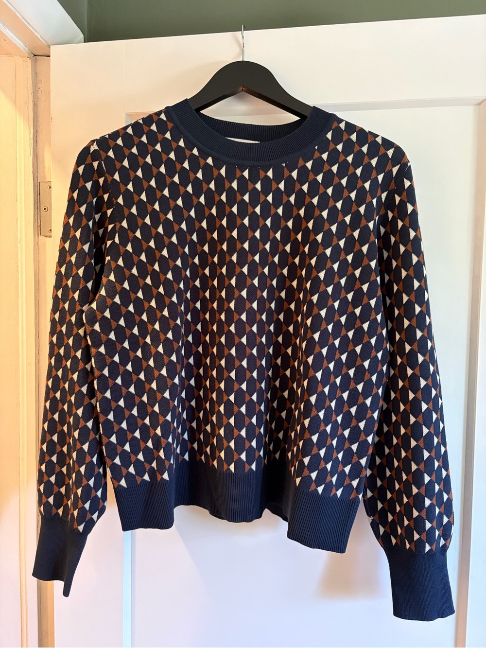 Joe Fresh Navy & Tan Diamond-Pattern Crewneck Sweater
